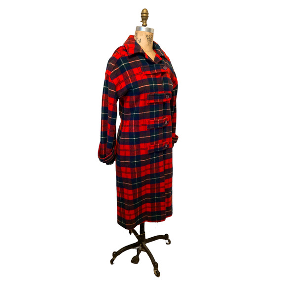 THE SYLVIA: Vintage 60s Pendleton Red Plaid Tartan Wool Hooded Duffle Coat - Picture 7 of 10